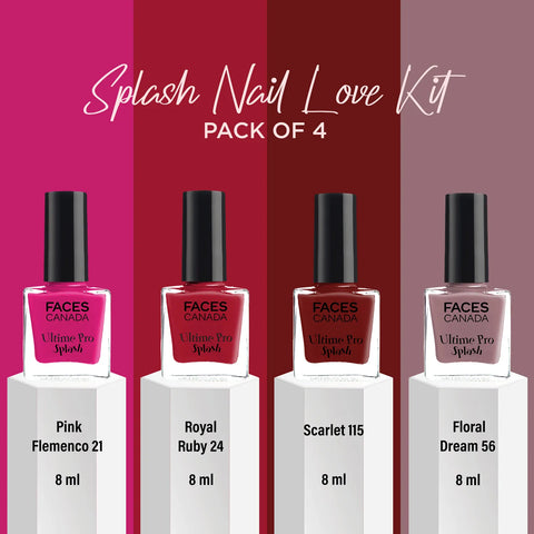 FACES CANADA Splash Nail Love Kit - Pack of 4 Nail Polish | Gift Set | Quick Drying | Glossy Finish | Long Lasting | No Chip Formula | High Shine Nail Polish For Women | No Harmful Chemicals | 32 ml