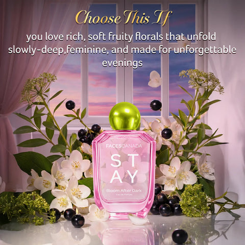 FACES CANADA STAY Bloom After Dark Eau de Parfum for Women 50 ml | Long-Lasting Fruity Floral Perfume with Blackcurrant & Jasmine | Elegant Night Scent | Gifts for Women | Premium Fragrance