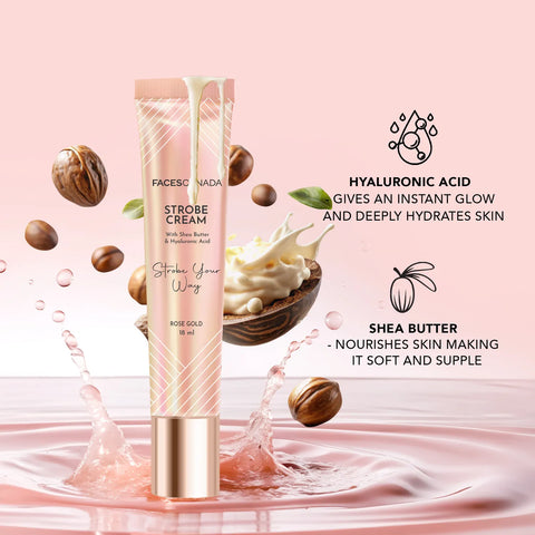 FACES CANADA Strobe Cream Mini- Rose Gold (18 ml) | Primer + Highlighter + Moisturizer | Shea Butter & Hyaluronic Acid | Intense Hydration | Flawless Radiant Dewy Skin | Illuminating & Glowing Makeup Base