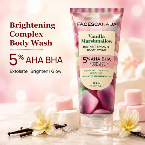 FACES CANADA Vanilla Marshmallow Body Wash for Women (200 ml) | Sweet Vanilla Scented Shower Gel | Brightening Exfoliating & Hydrating | 5% AHA BHA & Glycolic Acid | Smooth Glowing Skin