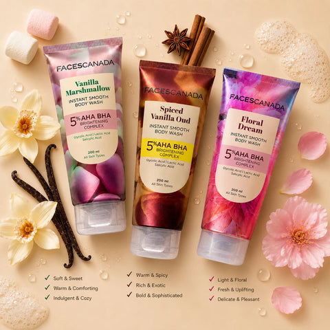 FACES CANADA Vanilla Marshmallow Body Wash for Women (200 ml) | Sweet Vanilla Scented Shower Gel | Brightening Exfoliating & Hydrating | 5% AHA BHA & Glycolic Acid | Smooth Glowing Skin
