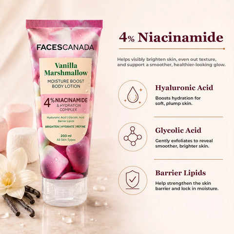 FACES CANADA Vanilla Marshmallow Moisture Boost Body Lotion for Women (200 ml) | Sweet Vanilla Fragrance | Brightening & Hydrating Formula with 4% Niacinamide & Hyaluronic Acid | Soft Glowing Skin
