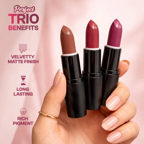 FACES CANADA Velvet Matte Trio | Velvetty Matte Finish | Long Lasting | Rich Pigment | Smudge - Proof | Smooth Finish | Nourishes & Keeps Lips Soft Pack of 3