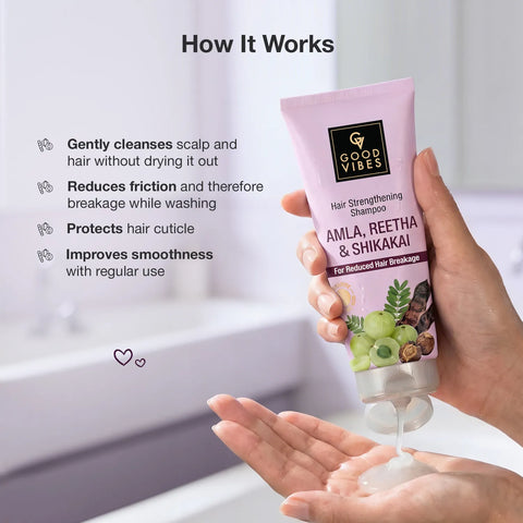 Good Vibes Amla Reetha & Shikakai Hair Strengthening Shampoo | Reduced Hair Breakage | Stronger Healthier Hair | Gentle Cleansing for Smooth Soft & Shiny Hair | 200 ml