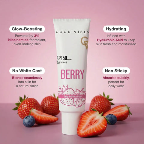 Good Vibes Berry Brightening Sunscreen SPF 50 PA++++ | With Strawberry & Blueberry Extracts | Powered by 3% Niacinamide & Hyaluronic Acid | Daily Radiance Glow | Lightweight Non-Sticky | No White Cast | Broad Spectrum UVA & UVB Protection | 50 gm