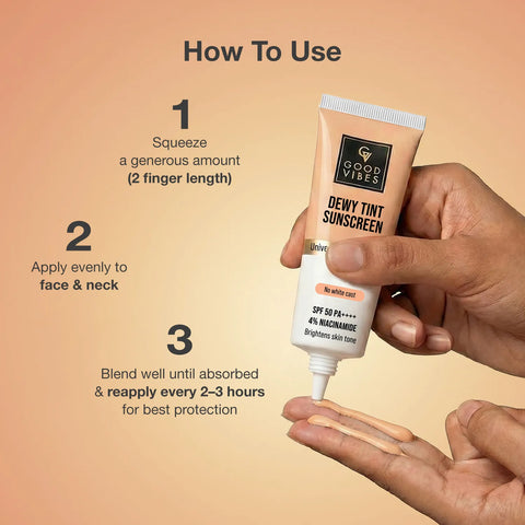 Good Vibes Dewy Tint Sunscreen SPF 50 PA++++ | With 4% Niacinamide | Universal Tint with Glow | Instant Brightening & Tone Correction | No White Cast | | Lightweight Non-Oily Formula | Broad Spectrum UVA & UVB Protection | Daily Wear | 50 gm