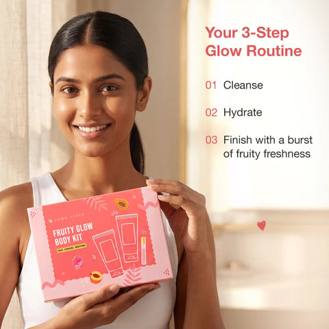 Good Vibes Fruity Glow Body Kit | AHA BHA Peach & Papaya | 3-Step Daily Glow Ritual | Body Wash Body Lotion & Perfume | Pack of 3