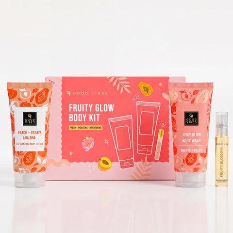 Good Vibes Fruity Glow Body Kit | AHA BHA Peach & Papaya | 3-Step Daily Glow Ritual | Body Wash Body Lotion & Perfume | Pack of 3