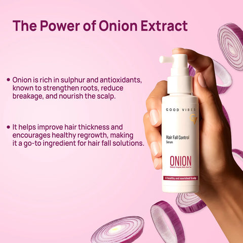 Good Vibes Onion Hair Fall Control Serum with 5X Actives | Onion 0.5% Redensyl Biotin Fenugreek & Green Tea| Lightweight & Non-Sticky | Strengthens Roots | Promotes Hair Growth | Visible Growth in 3 Months | Best Results with Daily - 50 ml