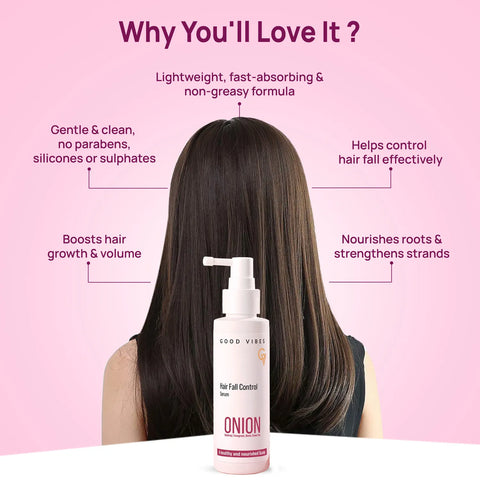 Good Vibes Onion Hair Fall Control Serum with 5X Actives | Onion 0.5% Redensyl Biotin Fenugreek & Green Tea| Lightweight & Non-Sticky | Strengthens Roots | Promotes Hair Growth | Visible Growth in 3 Months | Best Results with Daily - 50 ml