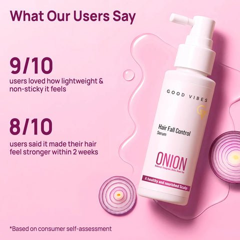 Good Vibes Onion Hair Fall Control Serum with 5X Actives | Onion 0.5% Redensyl Biotin Fenugreek & Green Tea| Lightweight & Non-Sticky | Strengthens Roots | Promotes Hair Growth | Visible Growth in 3 Months | Best Results with Daily - 50 ml