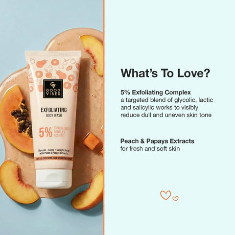 Good Vibes Peach & Papaya AHA BHA Exfoliating Body Wash | 5% Brightening Complex | with Glycolic Lactic & Salicylic Acid | Smoothens Rough Skin | Removes Dead Skin Build-Up | Soft & Glowing Skin | 200 ml