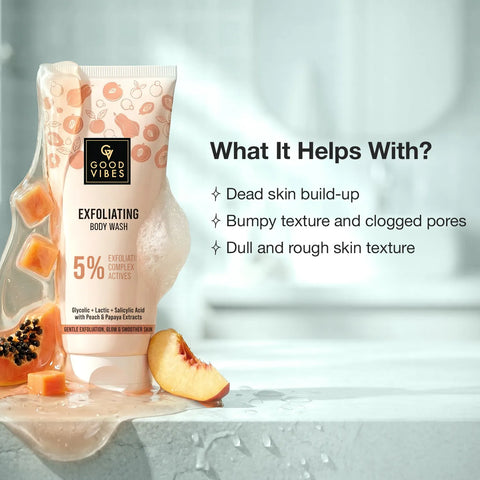 Good Vibes Peach & Papaya AHA BHA Exfoliating Body Wash | 5% Brightening Complex | with Glycolic Lactic & Salicylic Acid | Smoothens Rough Skin | Removes Dead Skin Build-Up | Soft & Glowing Skin | 200 ml