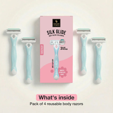 Good Vibes Silk Glide Body Razor for Women - Pack of 4 | Triple Blade Precision | Aloe Vera & Vitamin E Glide Strip | Anti-Slip Grip | Smooth & Gentle Shave | For Legs Arms & Underarms | Sensitive Skin
