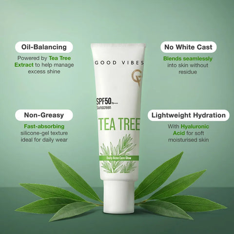 Good Vibes Tea Tree SPF 50 PA++++ | Daily Acne Care Glow | Non-Oily Sunscreen | Oil Control & No White Cast | Lightweight Hydration | Broad Spectrum UV Protection | For Oily Skin | 50 gm
