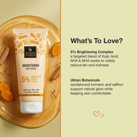 Good Vibes Ubtan Kojic Acid Brightening Body Wash | 5% Brightening Complex | Ubtan & Sandalwood with AHA + BHA | Daily Gentle Exfoliating Body Cleanser | Removes Tan & Dullness | 200 ml