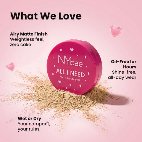 Nybae All I Need Wet & Dry Compact Powder- Dusky 03 |Lightweight & Blendable | Matte Finish | Wet & Dry Compact Use | Long-Lasting Oil Control & Coverage | Perfect for Daily Wear | 9 gm