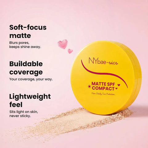 NY Bae-sics Matte SPF Compact Powder | Soft-Focus | Non-Sticky Matte Finish | Buildable Coverage | Lightweight Oil-Control Face Compact | Sun Protection | 9 gm