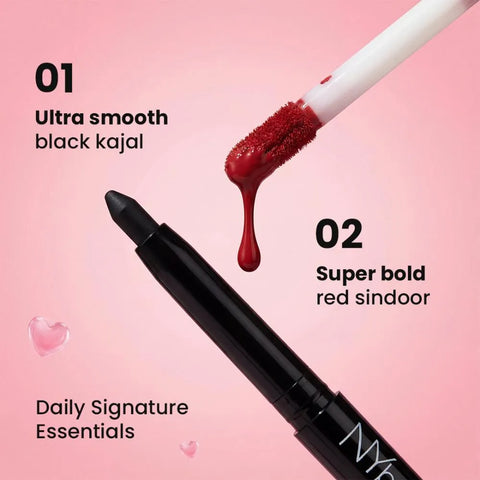 NY Bae Sindoor & Kajal Signature Combo | Intense Black Waterproof Kajal+ Bold Red Liquid Sindoor | Smudge-Proof & Waterproof | Long-Lasting | Daily Signature Essentials for Women