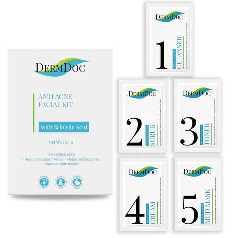 DERMDOC by Purplle Anti Acne Facial Kit with Salicylic Acid (34 gm) | facial for acne, oil control | cleanser, scrub, toner, cream, peel off mask