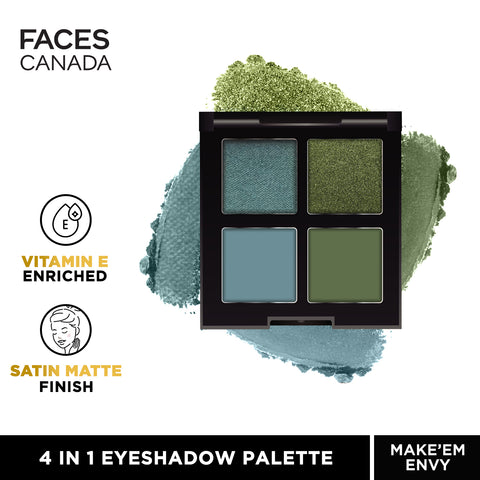 FACES CANADA 4 IN 1 Quad Eyeshadow Palette - Make'em Envy 05, 4.8 gm | Shimmer & Matte Shades | Satin Matte Finish Eye Shadow Quartet | Intense Pigment | Long Lasting | Vitamin E Enriched | Vegan