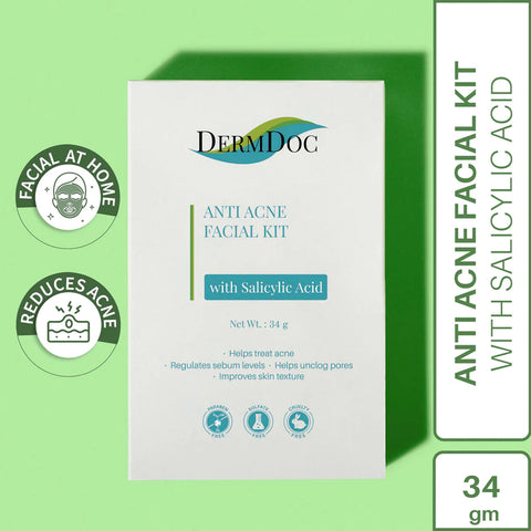 DERMDOC by Purplle Anti Acne Facial Kit with Salicylic Acid (34 gm) | facial for acne, oil control | cleanser, scrub, toner, cream, peel off mask