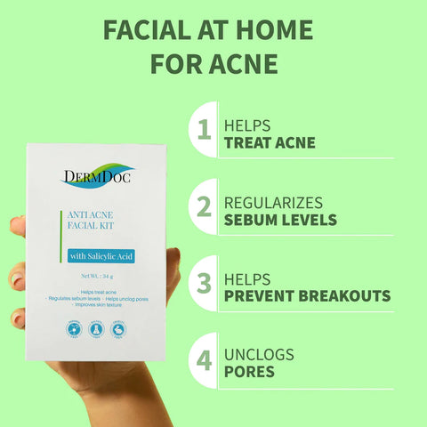 DERMDOC by Purplle Anti Acne Facial Kit with Salicylic Acid (34 gm) | facial for acne, oil control | cleanser, scrub, toner, cream, peel off mask