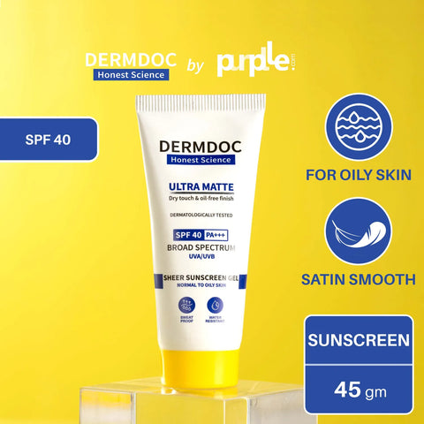 DERMDOC SPF 40 Ultra Matte Sheer Sunscreen Gel (45 gm) | Waterproof & Sweat Resistant | Matte Finish | Oily Skin | Non-Comedogenic