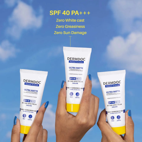 DERMDOC SPF 40 Ultra Matte Sheer Sunscreen Gel (45 gm) | Waterproof & Sweat Resistant | Matte Finish | Oily Skin | Non-Comedogenic