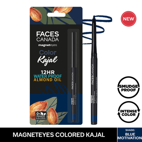 FACES CANADA Magneteyes Color Kajal - Blue Motivation, 0.30 gm | Highly Pigmented Kohl | 12HR Long Stay | Single Stroke Glide | Waterproof & Smudgeproof | Almond Oil Enriched