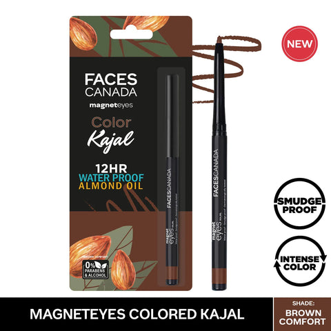 FACES CANADA Magneteyes Color Kajal - Brown Comfort, 0.30 gm | Highly Pigmented Kohl | 12HR Long Stay | Single Stroke Glide | Waterproof & Smudgeproof | Almond Oil Enriched