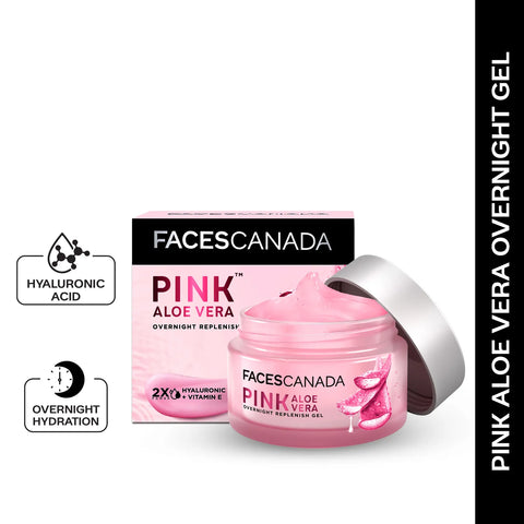 FACES CANADA Pink Aloe Vera Overnight Replenish Gel, 50 gm | Hyaluronic Acid & Vitamin E | Intense Hydration | Lightweight, Non Sticky & Absorbs Easily | Anti-Ageing, Nourishing & Skin Tightening
