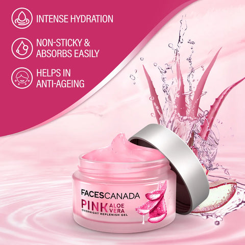 FACES CANADA Pink Aloe Vera Overnight Replenish Gel, 50 gm | Hyaluronic Acid & Vitamin E | Intense Hydration | Lightweight, Non Sticky & Absorbs Easily | Anti-Ageing, Nourishing & Skin Tightening